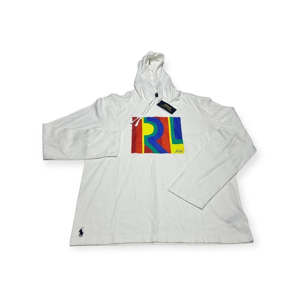 NWT Mens Polo Ralph Lauren Lightweight Hoodie White Rainbow Colorful Logo Size L